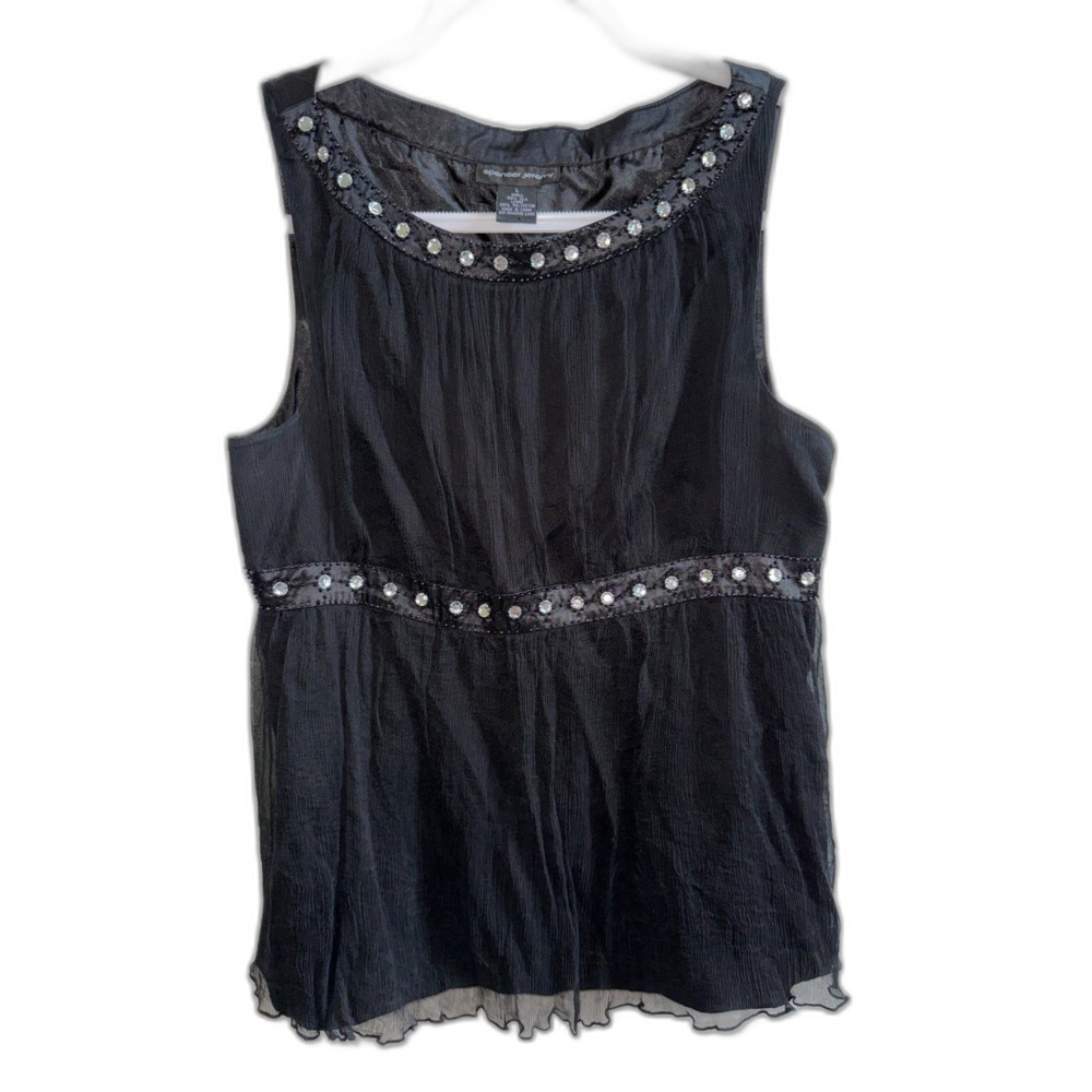 Vtg Y2K Spenser Jeremy Silk Babydoll Top L Black Beaded Rhinestone Chiffon Tank